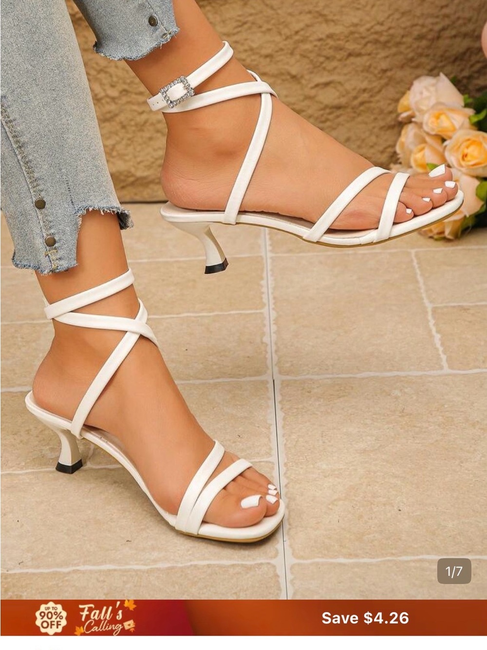 SHEIN White Strappy Ankle Wrap Kitten Heels